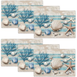 Summer Sea Shell Placemats Set of 6, Coastal Starfish Place Mats, Rustic Summer Ocean Dining Table Mats, Washable Placemats for Kitchen Dining Room 18L'' × 12W''