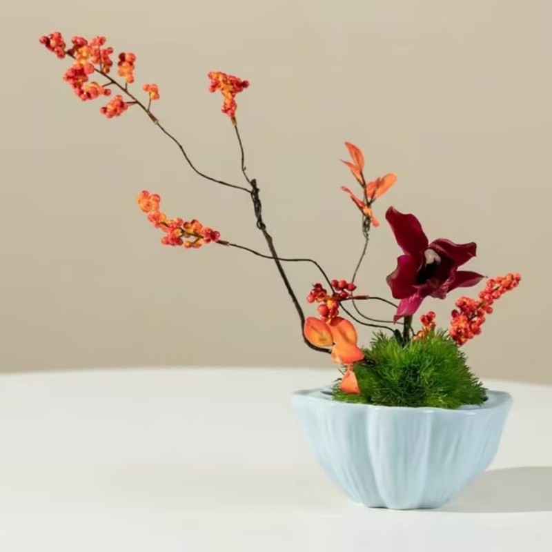 Lotus Shaped Flower Arrangement Vase Ceramic Flower Pot (Light Cyan)
