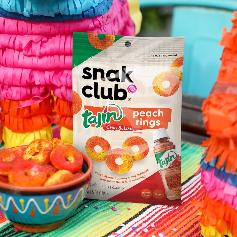 Snak Club Tajin Peach Rings, Sweet and Spicy Gummy Snacks,