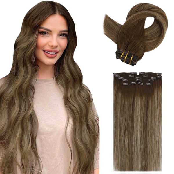 Fshine Clip-In Real Hair Extensions, 45 cm, 18 Inches, 120 g, 7 Pieces, Balayage, Chocolate, Brown, Mxied Caramel Blonde Extensions, Real Hair, Remy Clip-In Hair Extensions #4/24/4