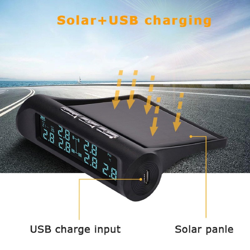 Wireless Solar TPMS Tire Pressure Monitoring System with LCD Display,