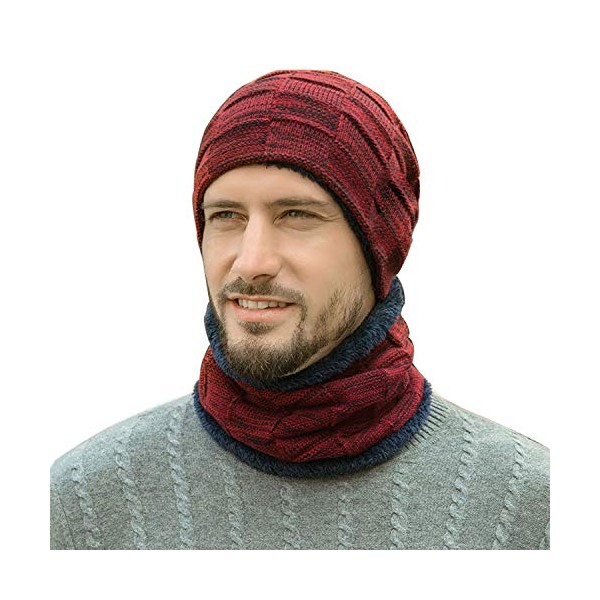 Winter Beanie Hat Scarf Set for Men Women, Warm Fleece Lined Knit Hat Skull Cap Thick Neck Warmer Winter Gift Set Wine Red