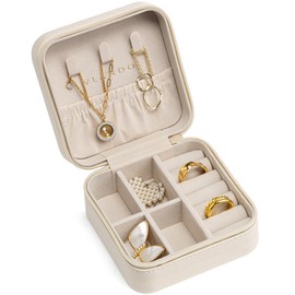 Vlando PU Leather Small Jewelry Travel Organizer, Travel Jewelry Case for Ring, Mini Jewelry Box for Earring, Necklace, Bracelet Milky White