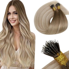 LaaVoo Nano Beads Ring Hair Extensions Balayage Light Brown to Dark Blonde and White Blonde Nano Hair Extensions Real Human Hair 24 Inch 50 Strands 50g Straight Remy Hair Extensions #8/18/60