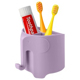 RyanLemon Elephant Toothbrush Holder for Kids Toddler, Suction Cup Toddler Toothbrush Holder, Cute Baby Toothbrush Holder with 3 Slots and 1 Hook, Toothbrush Holders Kids for Bathroom, Light Purple