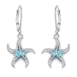 Vito 925 Sterling Silver Turquoise Starfish Hoop Earrings for Women, Dainty Beach Starfish Dangle Drop Earring Summer Boho Jewelry Gift for Mom Wife