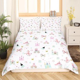 Feelyou Kids Princess Style Bedding Set Twin Size Children Pink Duvet Cover for Boys Girls Teens Bedroom Decor Carriage Comforter Cover Set Women Men Kawaii Bedspread Cover with 2 Pillow Case
