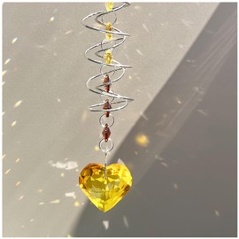 Big Heart Crystal Sun Catchers for Windows Hanging, Double-Spiral Design Gazing Ball Spiral Tail, Rainbow Maker Prism, Sun Catchers Indoor Window for Kitchen, Patio, Porch, Garden(Yellow)