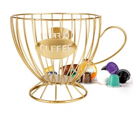 Guolich Coffee Capsule Basket, Coffee Pods Storage, Coffee Capsules Storage, Metal Wire Cup Coffee Basket, Monkey Basket, for Storing Coffee Capsules and Fruits for Counter and Coffee Bar (Gold)