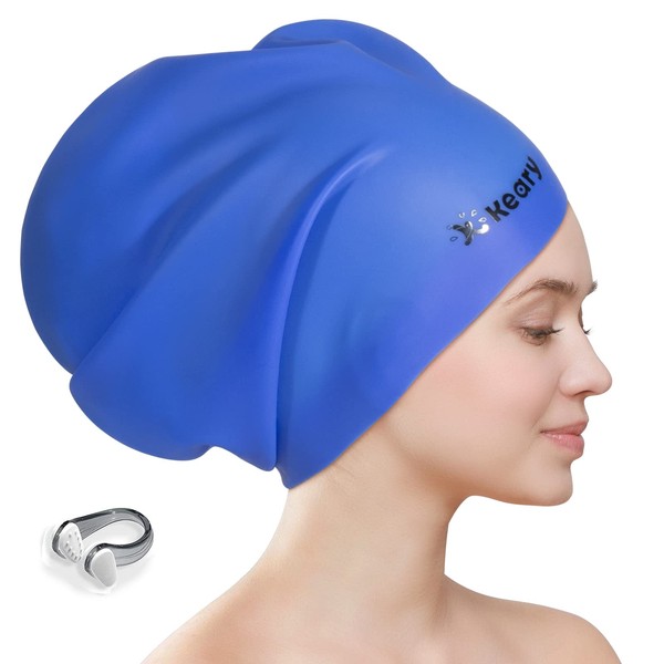 Extra Large Swim Cap for Braids and Dreadlocks Afro Hair Extensions Weave Long Hair, Waterproof Silicone Cover Ear Bath Pool Shower Swimming Cap for Adult Youth Men Women Girl to Keep Hair Dry, Blue