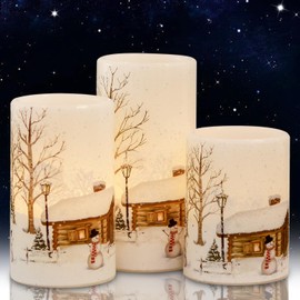Lasumora Snowman Christmas Flameless Candles with 6H Timer, Real Wax LED Pillar Candles Flickering, Battery Operated Waxy Candles for Home Fireplace Décor Christmas Gifts, 3x4/5/6 inches
