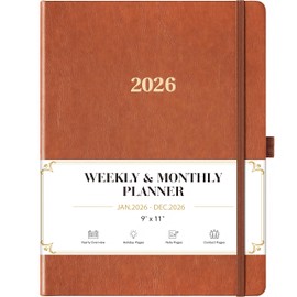 2026 Planner - 2026 Planner Weekly and Monthly, Jan.2026 - Dec.2026, 9" x 11", Weekly Monthly Planner 2026, Calendar Planner with Pen Holder + Elastic Closure + Leather Hardcover +Bookmarks - Brown