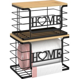 AUVAHOX Trash Bag Holder Dispenser, Garbage Bags Organizers with Bamboo Top, Wall Mount with Adhesive Hook, Perfect Storage Rack for Cabinet, Under Sink (Black, 2pack set-L/XL)