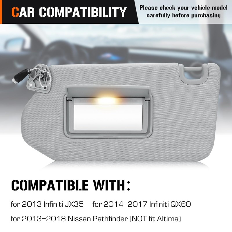 Sun Visor with Light for 2013-2018 Nissan Pathfinder, 2014-2017 Infiniti