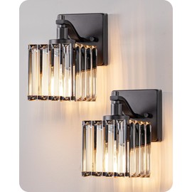 EDISHINE Hardwired Bathroom Light Fixtures, Modern Wall Sconces Set of Two, Crystal Bathroom Vanity Llight, Indoor Lighting Fixtures Over Mirror, Black Wall Lamp for Bedroom
