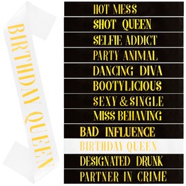 COCIDE 12 Pcs Birthday Sash for Women - Birthday Queen Sashes for Girls Squad Sash Set Black Gold Sashes Crew Sweet 16th,18th,21st,30th,40th,50th,60th,70th,80th Bday Party Supplies Decorations Favors