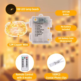 TIDEVAN 10 m Photo Fairy Lights, 100 LEDs, Fairy Lights for Photo Fairy Lights with Clips, with 80 Clips, with Timing Function, Remote Control, for Decoration, Bedroom, Wedding, Birthday, Warm White