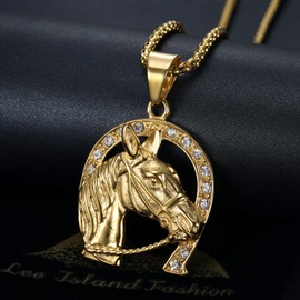 NEGS Collar de acero inoxidable chapado en oro de 18 quilates con colgante de caballo de la suerte, 2 unidades de 20 24 pulgadas, cadenas de capas de hip hop, herradura, joyería de fiesta, regalo de