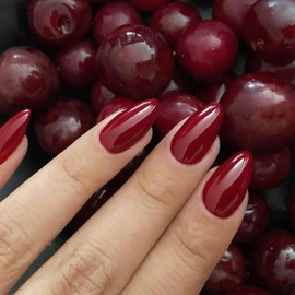 GLAMERMAID Dark Red Press On Nails Short Almond, Blood Scarlett Red Handmade Soft Jelly Gel Fake Nails Burgundy, Deep Red Round Oval Stick Glue on Nails Kit for Women, Reusable Acrylic False Nail Set