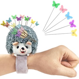 Cute Hedgehog Wrist Pin Cushion for Sewing with Magnetic, Snap Bracelet Wrist Bands for Pins and Needles Include 50 Lovely Butterfly Straight Pins.