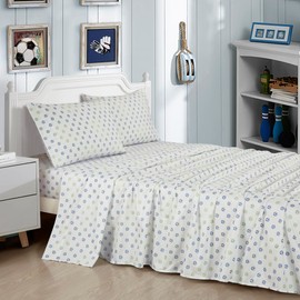 Chezmoi Collection 4-Piece Football Soccer Sheet Set - Soft Microfiber Blue Green White Soccer Football Kids Sheets, Queen Size