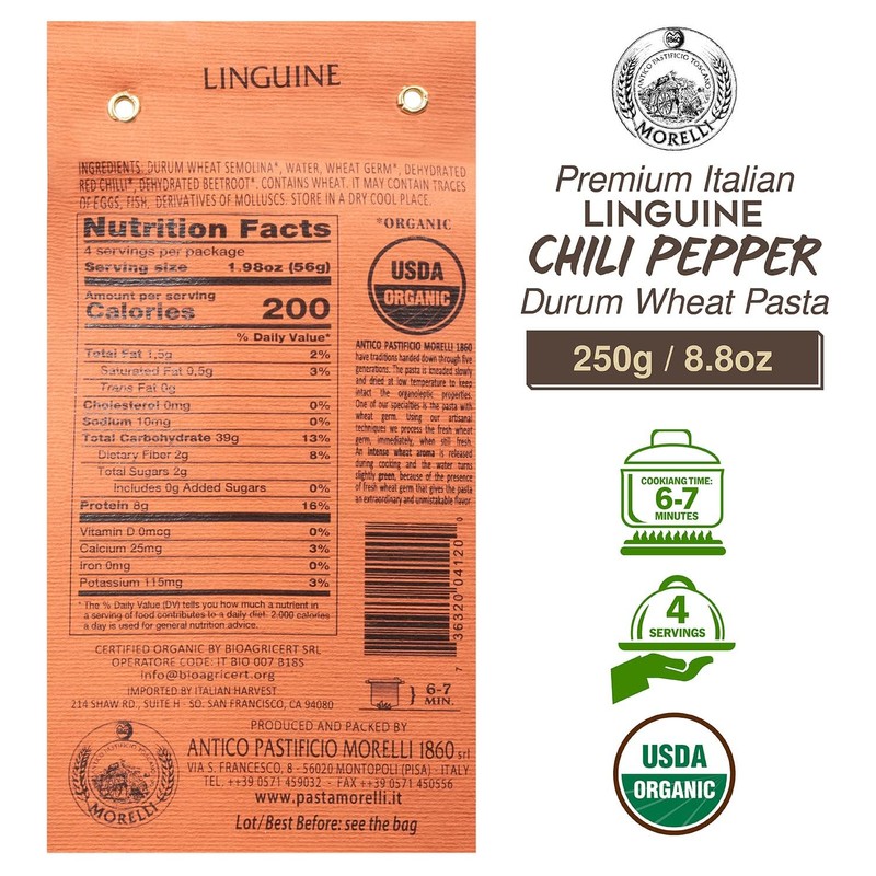 Morelli Organic Red Chili Linguine Pasta - All Natural Durum