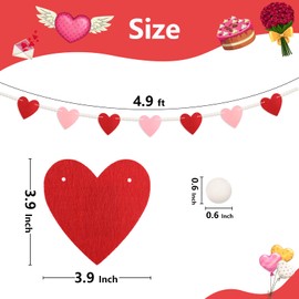 Arosche Valentines Day Decorations Felt Garland Banner Pink Red Hearts with Wood Beads Romantic Love Rustic Farmhouse Pre-Assembled Hanging Banner for Mantle, Fireplace, Wall, Party Supplies