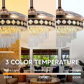 A Million Crystal Fandeliers Modern Crystal Chandelier Ceiling Fan with LED Lights 42" Retractable Blade Reversible Silent Motor Chandelier Fan for Bedroom Dining Room Living Room, Gold