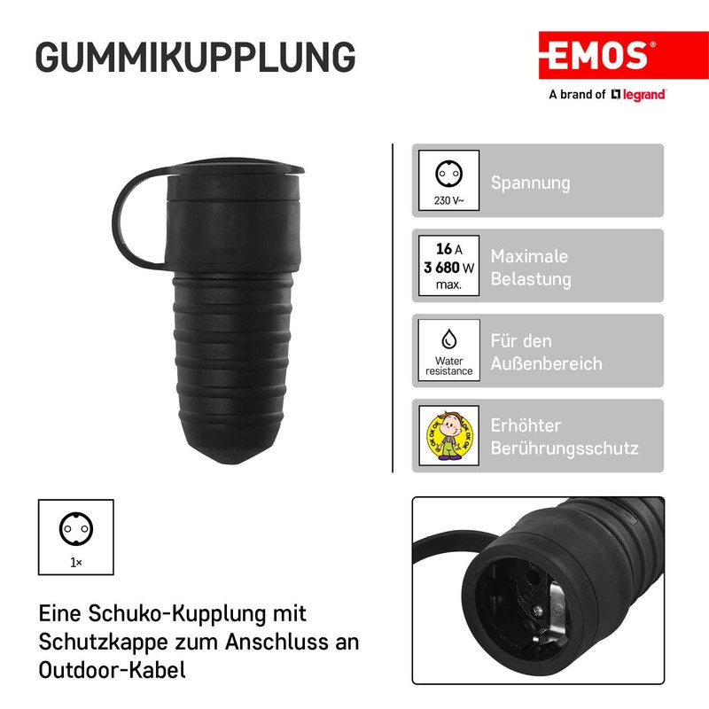 EMOS Protective Contact Rubber Coupling with Protective Cap, IP44 for