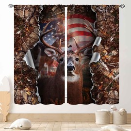 Cortinas de ciervos rústicos, camuflaje, bosque, caza de ciervos, alces, bandera de Estados Unidos, camuflaje, bosque, granja, campo rural, cazador de campo, cortinas opacas para ventana para