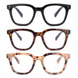 firstsense 3 Pack Reading Glasses for Women Men, Square Blue Light Blocking Reading Glasses with Spring Hinge Anti Eyestrain Eyeglasses, Computer Readers with Glasses Chain, +3.0