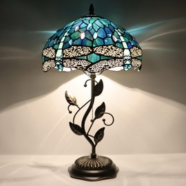 LXHCYOU Tiffany Table Lamp, Stained Glass Desk Light, W12H19 Inch, Metal Leaf Base (Dragonfly Style)