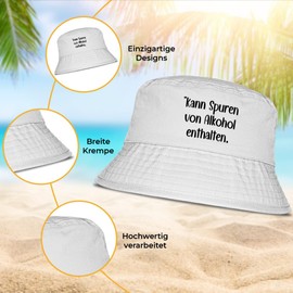 Kann Spuren von Alkohol enthalten - Lustiger Fischerhut – Der perfekte Sonnenhut für Herren & Damen – Ideal als Malle-Outfit, Party-Accessoire & Festival-Eimerhut für den Strand | Farbe Weiß