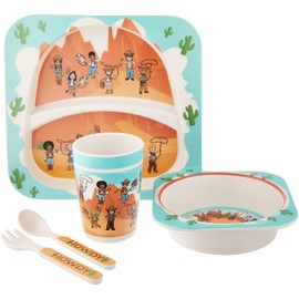 5 Piece Kids Dinnerware Set, Western Cowboys Themed Kids Utensils Set, Bamboo Fiber Plate, Bowl & Cup, Lightweight & Shatterproof Toddler Feeding Set, Children Safe Kitchen Set, Fun Toddler Utensils