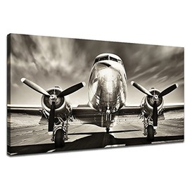 KLVOS - Black and White Wall Art Large Turbine Fighter Aircraft on a Runway Antique Airplane Pictures Print on Canvas Modern Home Decor Framed for Office Ready to Hang (Vintage Aircraft, 24"x40")