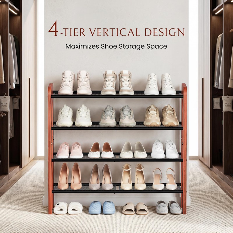 Wooden 4-Tier Shoe Rack, Free Standing Shoe Storage Organizer with