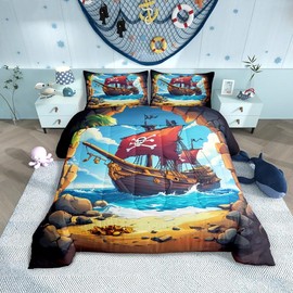 Castle Fairy Pirate Boat Comforter Set Twin Size for Kids Boys Girls Navigation Treasure Adventure Bedding Sets All Season Gothic Sugar Skull Quilt Set Bedroom Decor Nautical Down Comforter,2Pcs