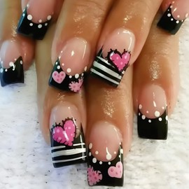 Valentine's Day Press on Nails Medium Love Patch Nails Polka Dots Black Stripes French Glossy Heart Nails Square Valentines False Nails Cute Stick on Nails Short Nails for Women 24Pcs Manicure French