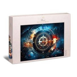 Ulmer Puzzleschmiede - 1000 Piece Puzzle Compass - Imaginative Navigation Symbol Against Atmospheric Background - Quality Made in Germany