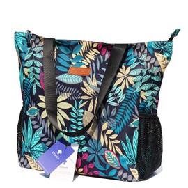 ESVAN Original Floral Water Resistant Large Tote Bag Shoulder Bag for Gym Beach Travel Daily Bags Upgraded, [V] Blue Leaf, Large, Fashion
