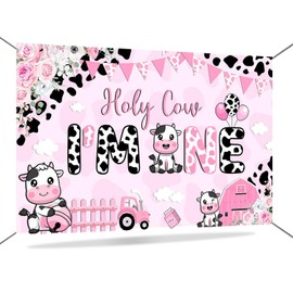 Mocsicka Holy Cow I'm One Birthday Banner Decorations Girls My First Rodeo Birthday Backdrop Pink Cow Print Floral Photography Background Cow Birthday Decorations 70.8 x 43.3 Inch