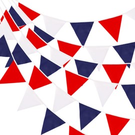 G2PLUS 12M Red Blue and White Fabric Bunting Banner, 19x21CM Large Cotton Triangle Flag Garland with 42PCS Decoration Pennants for King Charles Coronation Decoration