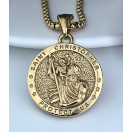 Wasee Gold Plated St Christopher Necklace for Men Saint Christopher Medal Protect Us St. Christopher Pendant Amulet Religious Jewelry Gifts with 22"+2" Rolo Chain