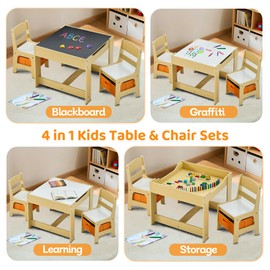 CuFun Kids Table and Chairs Set, 4 in 1 Wooden Kids Table with Reversible Tabletop, Children Activity Table with Removable Tabletop Storage, Toddler Table and Chair Set for Home, Nursery, Playroom