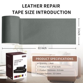 Leather Repair Patch Tape, Dark Grey 3 x 61 Inches Self Adhesive Leather Repair Kit for Furniture, Car Seat,Vinyl Leather Repair Kit for Office Chairs, Couch, Sofa, Luggage