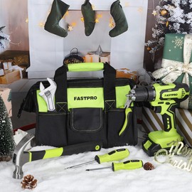 FASTPRO 232-Piece Home Tool Set with Drill, 20V Cordless Drill Driver, Household Repairing Tool Kit with Drill, 12-Inch Wide Mouth Storage Tool Bag Included, Green