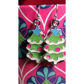 "Handmade" Christmas Tree Snow Winter Solstice Party Earrings Green Pink