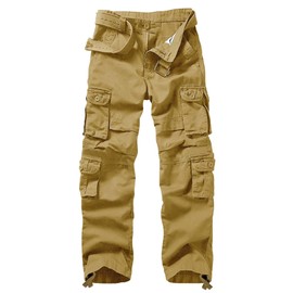 KOCTHOMY Casual Cargo Pants for Men Tactical Baggy Cotton Work Pants with Multi Pockets No Belt K18 Khaki 36
