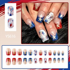 24Pcs 4th of July Press on Nails Medium Square Fake Nail Independence Day False Nails With Gold Star Designs Red Blue Glitter French Tip Glue on Nails Acrylic Patriotic Artificial Nail for Women Girls