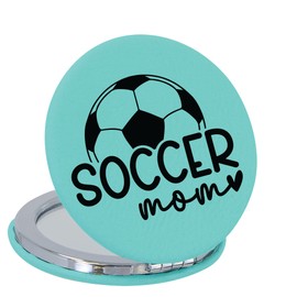 Enthoozies Soccer Mom Teal Laser Engraved Leatherette Compact Mirror - Stylish and Practical Portable Makeup Mirror - 2.5 Inch Diameter